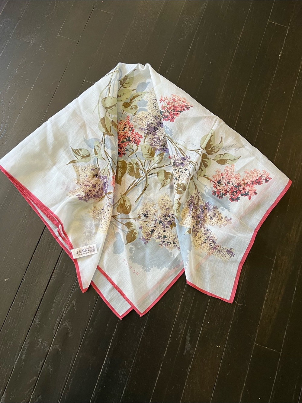 ECHO 100% cotón. Floral Square Scarf with Pink Trim - Picture 2 of 6